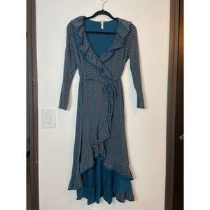 Matilda Jane women's medium blue 3/4 sleeve wrap dress dots high low‎ stretch